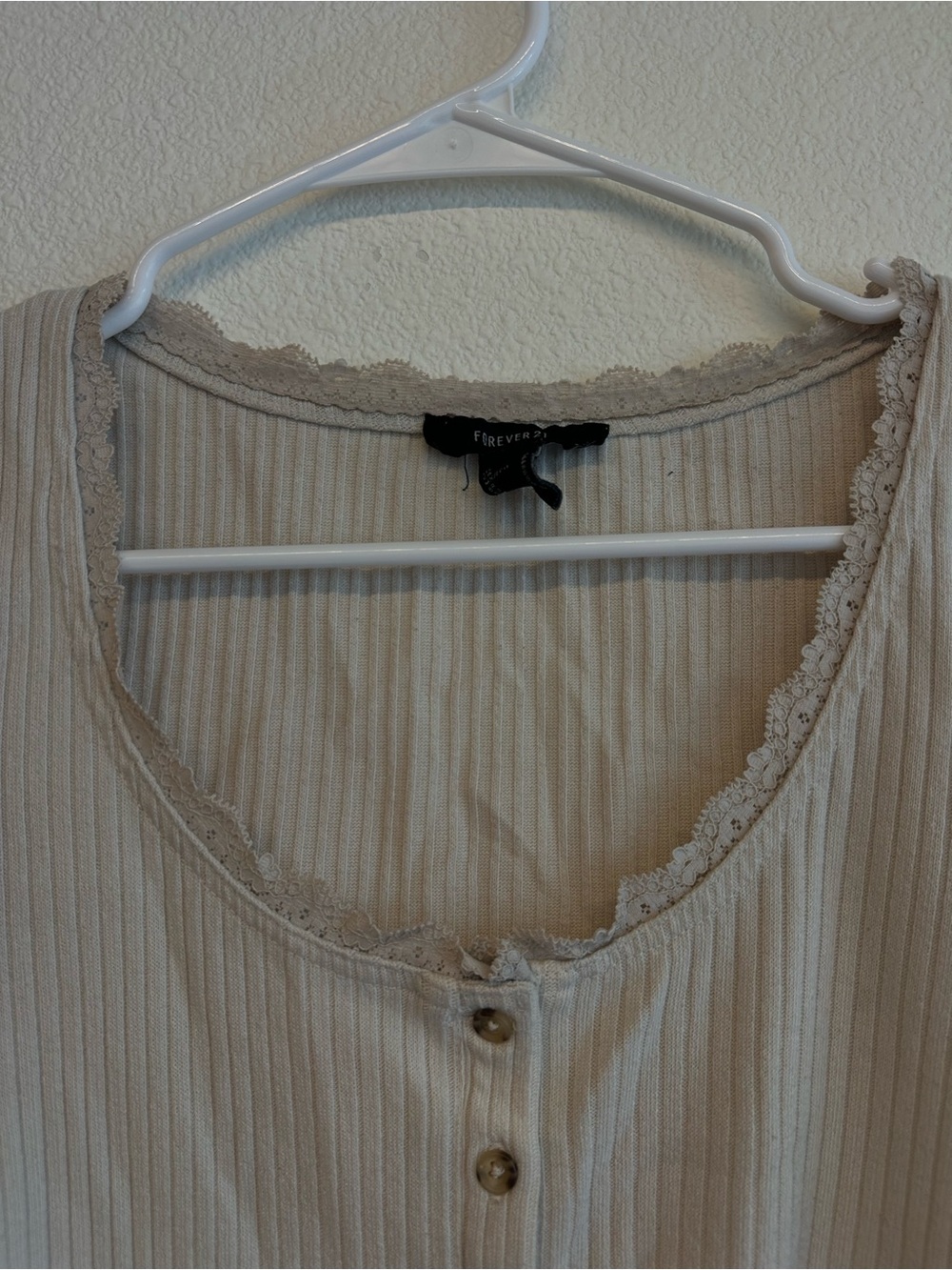 Forever 21 Ribbed Lace-Trim Button Crop Top - Cream - Picture 2 of 4